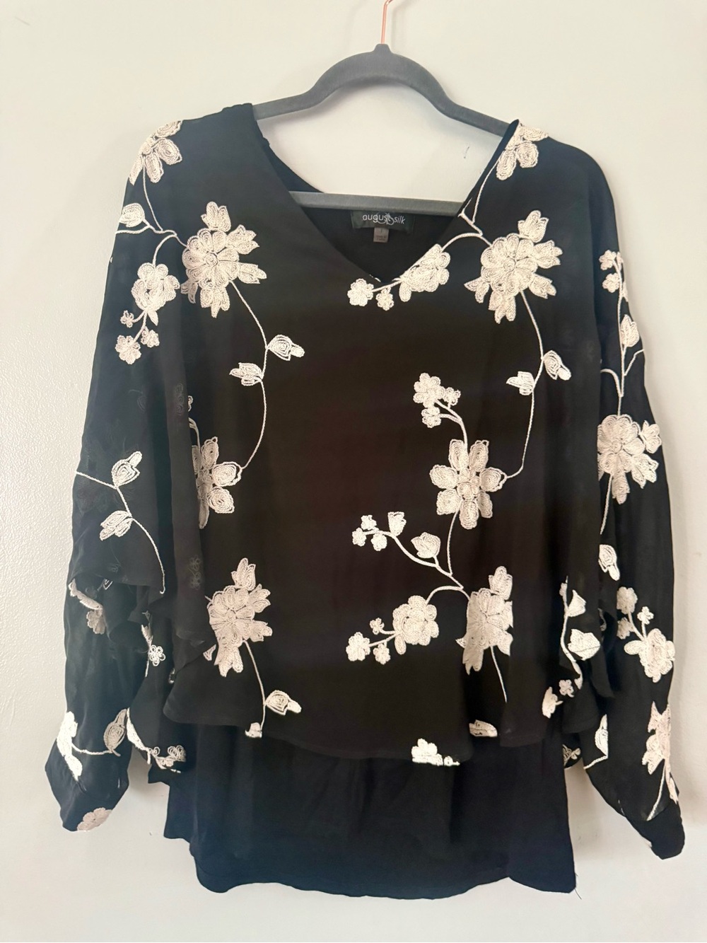 August Silk Black Embroidered Floral V-Neck Butterfly Sleeve Blouse Top L